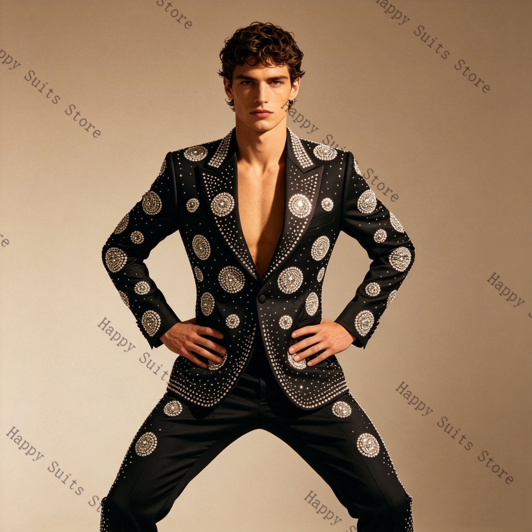 Luxury Crystals Black Men Suit - Formal Wear Jersey For Men ulasan dan harga