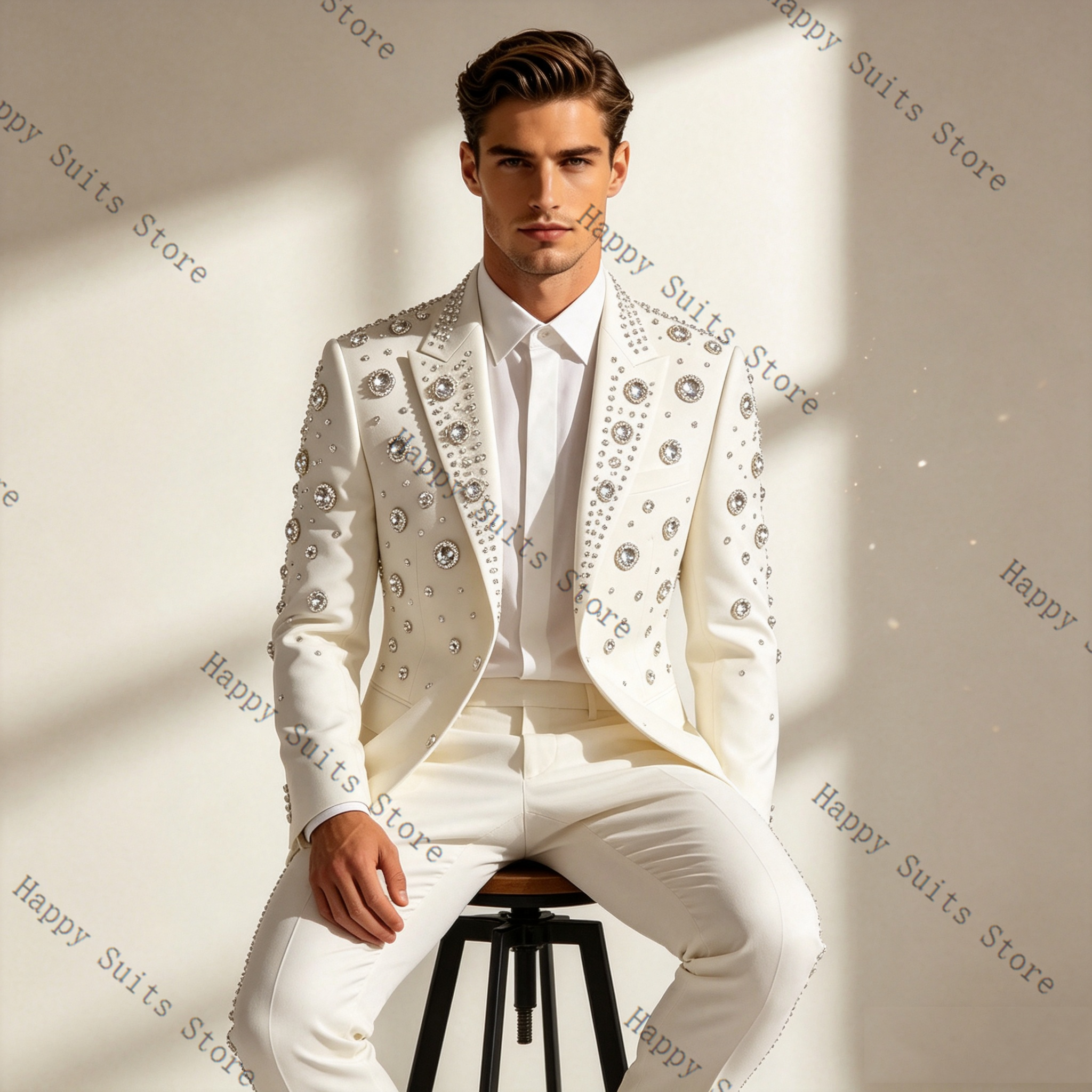 Crystals White Men Suit Set 2  - Formal Wear Jersey For Men ulasan dan harga